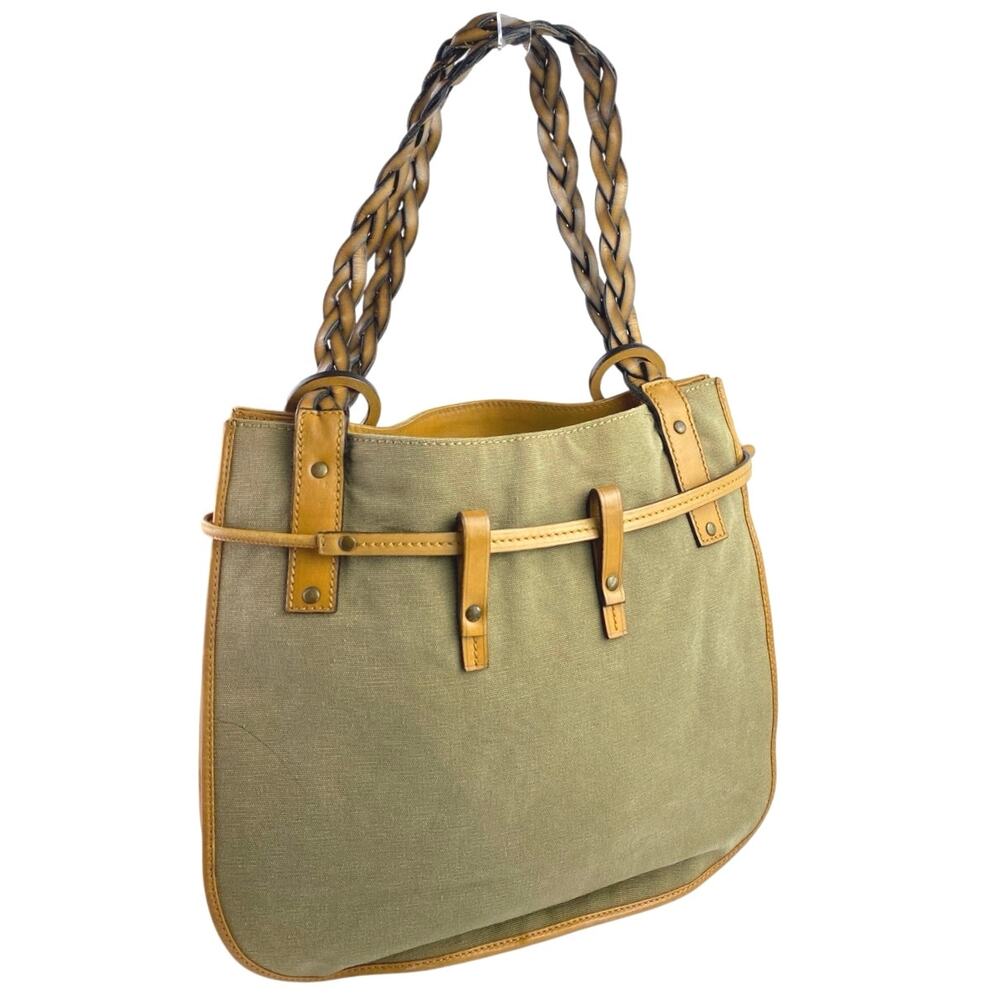 Gucci Women's Gray Green Braided Leather Straps Canvas Tote Shoulder Hand Bag - Picture 2 of 9